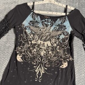 Harley-Davidson Women's Fringe Sleeve Y2K Graphic Top Medium Black Jeweled  USA